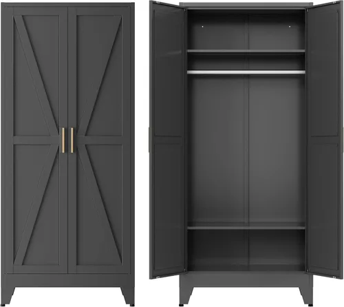 Miniatura 10 de Armario de metal guardarropa con barra para colgar, gabinete de armario de metal de 71'' con 2 puertas y 4 estantes ajustables, armarios