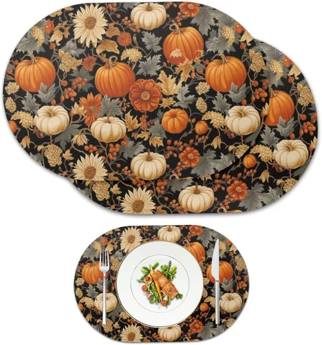 Miniatura 12 de Pumpkin Placemats Oval Placemats Set of 2 Black Cat Table Mats for Dining Tables Washable Heat Resistant Place Mats for Holiday Party Use 12X18 Inch