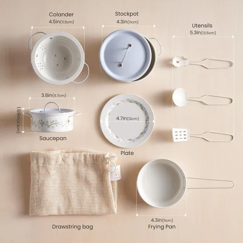 Miniatura 6 de ROBUD Juego de Ollas y Sartenes para Niños, Accesorios de Cocina para Jugar, Ollas y Sartenes de Metal en Crema Azul, Juego de Cocina para Niños