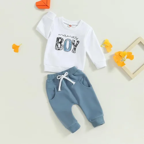 Miniatura 6 de FOCUSNORM Conjunto de sudadera con letras y pantalones deportivos para bebé recién nacido, para otoño e invierno