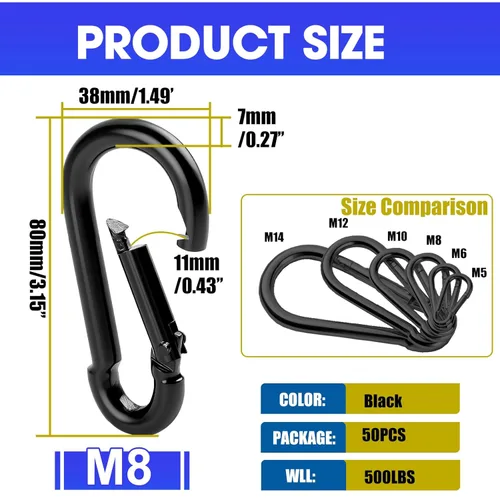 Miniatura 2 de Paquete de 50 mosquetones resistentes, ganchos de resorte grandes de 3.2 pulgadas a granel, mosquetones negros galvanizados para campamento, clips