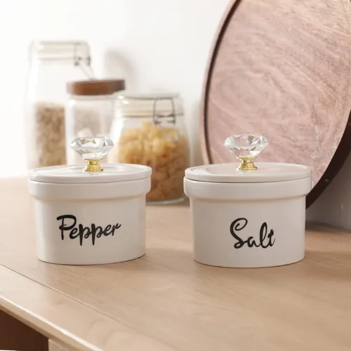 Miniatura 3 de Tazones de sal y pimienta con tapa de cristal, recipiente de cerámica de 12.5 onzas para encimera, decoración de cocina de granja, juego de 2 Dorado