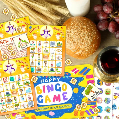 Miniatura 4 de HomSeon Tarjetas de bingo bíblicas para 24 jugadores, juego de bingo cristiano para niños con calcomanías de Punny Jesús, juego cristiano religioso