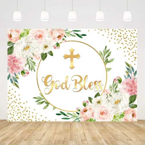 Miniatura 7 de Ticuenicoa Telón de fondo de bautismo de 5 x 3 pies para niña, fondo de primera comunión, rosa y dorado, Dios bendiga la espalda, decoración