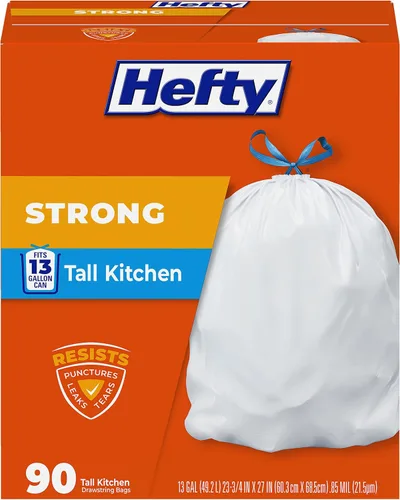 Bolsas de basura Hefty fuertes de 13 galones, bolsas de basura altas para cocina, bolsas de basura grandes sin perfume con cordones, cierre