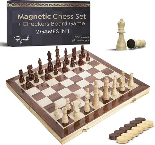 Juego de ajedrez magnético de madera y juego de mesa de damas, tablero de ajedrez plegable de 15 pulgadas | Juego de mesa 2 en 1 de madera maciza
