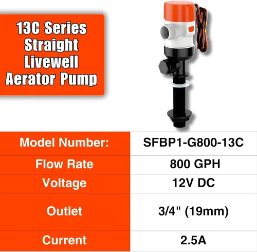 Miniatura 7 de SEAFLO Bomba Livewell Serie 13C 800 GPH – Camiseta extendida, 12 V, salida de 1 pulgada, cabeza de 9 pies, 3.5 A, antiesclusa de aire, motor