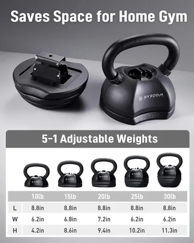 Miniatura 4 de BYZOOM FITNESS Pure Series - Pesa rusa ajustable de 30/40/50 libras, cambio de peso 5 en 1, mecanismo patentado de cambio rápido, mango curvado