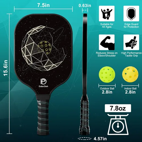 Miniatura 5 de Dulce DOM Juego de 2/4 palas de pickleball aprobadas por USAPA, 4 bolas de pickleball para interiores y exteriores, raqueta de superficie de fibra