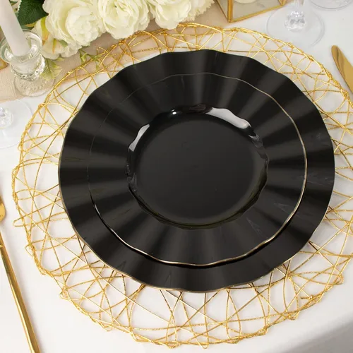 Miniatura 111 de Tableclothsfactory Paquete de 10 platos redondos de plástico negro de 6 pulgadas para ensalada de postre, platos desechables con borde ondulado