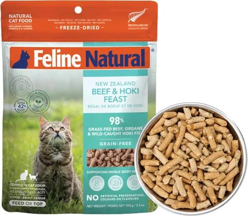 Miniatura 20 de Alimento para gatos seco de alta proteína de Feline Natural, dieta liofilizada con 98% carne, órganos y mariscos, sin guisantes, granos o aditivos