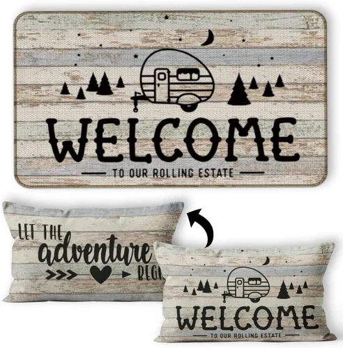 Miniatura 9 de Tapete para puerta de campamento, 30 x 17 pulgadas, para interiores, regalos de cámper, decoraciones de caravana, color negro, deja que la aventura