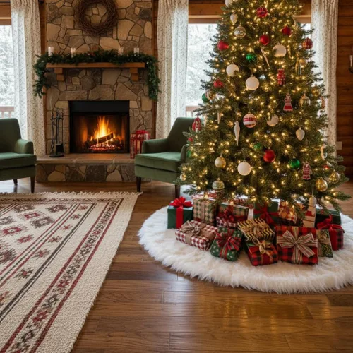 Miniatura 3 de AISENO Falda de árbol de Navidad de 60 pulgadas, decoración navideña de felpa de piel sintética beige para árbol de Navidad, fiesta festiva