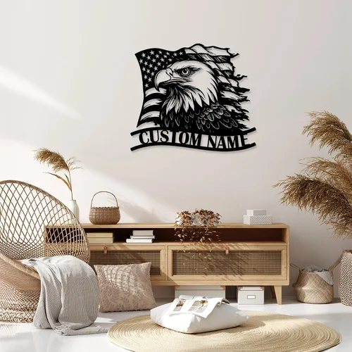 Miniatura 3 de Letrero de metal personalizado de águila y bandera estadounidense, arte de pared patriótico con nombre personalizado, decoración de hierro