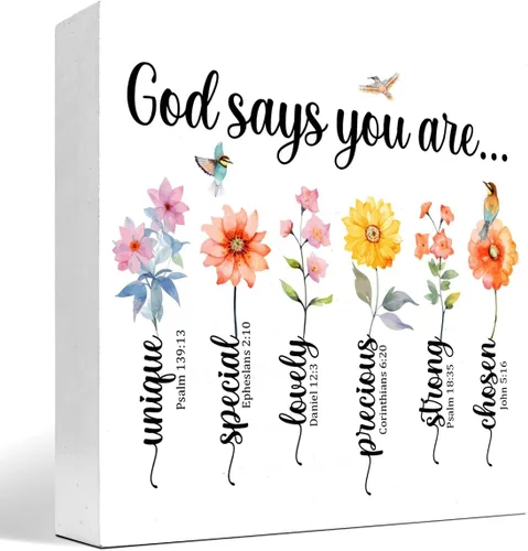 Letrero de caja de madera con versículo bíblico, Dios dice que eres único, decoración de bloque de madera cristiana, letrero religioso de madera god