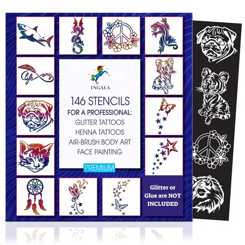 INGALA Juego de tatuajes artísticos con purpurina de alta calidad, 146 diseños únicos para niños, adolescentes y adultos. Adecuado para henna,