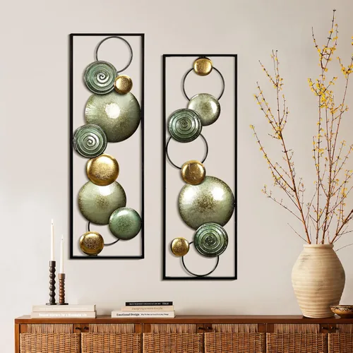 LuxenHome - 2 piezas de arte de pared de metal, círculos multicolor de 36 x 12 pulgadas, decoración de pared rectangular abstracta de metal,
