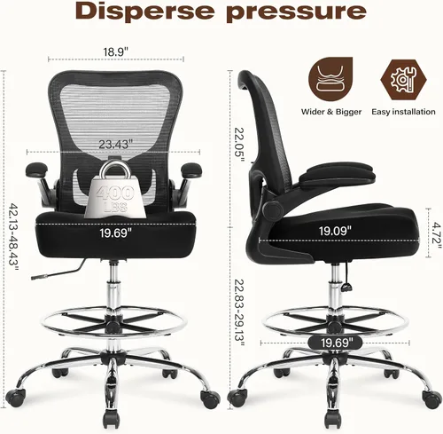 Miniatura 2 de Silla de dibujo de 400 libras, silla de oficina alta con soporte lumbar ajustable y anillo reposapiés, cómodo cojín grueso en forma de W extra
