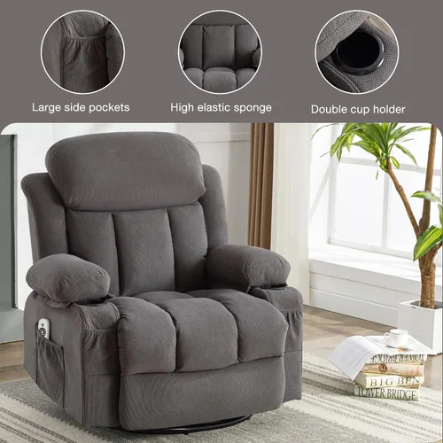 Miniatura 8 de Silla giratoria reclinable de masaje reclinable con carga USB y control remoto de carga lumbar de 8 puntos, modos de vibración de 350 libras