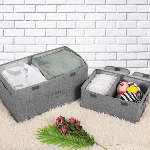 Miniatura 4 de Paquete de 2 cajas de almacenamiento con tapas y asas, contenedores plegables de lino organizadores con divisor extraíble para el hogar, dormitorio