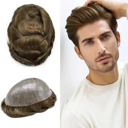 Miniatura 85 de Peluca completa de poliuretano para hombre, sistemas de reemplazo de cabello humano, piel fina y duradera, para hombre, prótesis de cabello