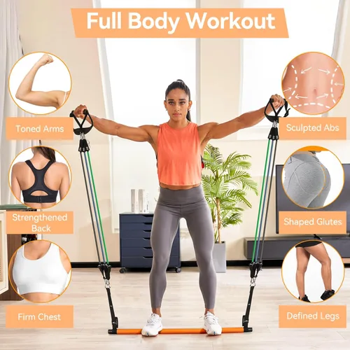 Miniatura 6 de Hommie Kit de barra de pilates portátil con bandas de resistencia para hombres y mujeres, barra de pilates mejorada de 3 secciones con bandas