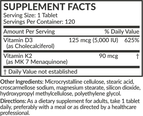 Miniatura 7 de Futurebiotics Vitamina K2 con D3, soporte 2 en 1, 5000 UI de vitamina D3 y 90 mcg de vitamina K2 MK-7 sin OMG, 120 tabletas