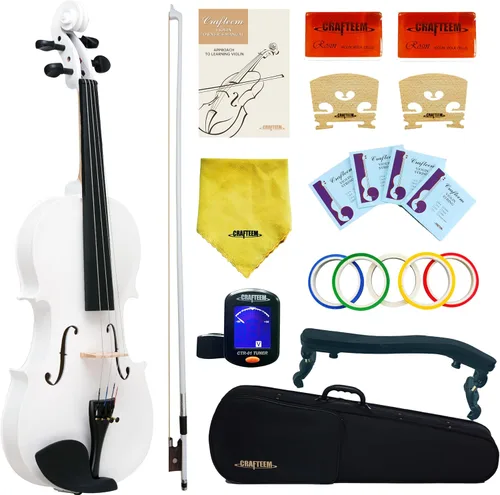Miniatura 6 de CRAFTEEM 1/2 Conjunto de violín negro premium hecho a mano para principiantes, adultos y niños con cinta adhesiva para dedos de 5 colores - Violín