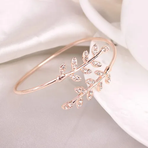 Miniatura 4 de Pulseras de pulsera para mujer diseño de hoja con incrustaciones de diamantes de imitación de moda