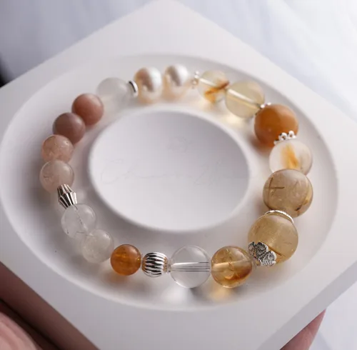 Miniatura 54 de Precious Gemstone Natural Crystal Healing Bracelet, Rutilated Quartz, Moonstone, Quartz Handmade Original Design Bracelet