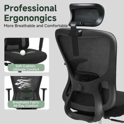 Miniatura 9 de Silla de oficina ergonómica - Silla de oficina de malla de 350LB con lumbar ajustable, silla de escritorio para computadora de respaldo alto