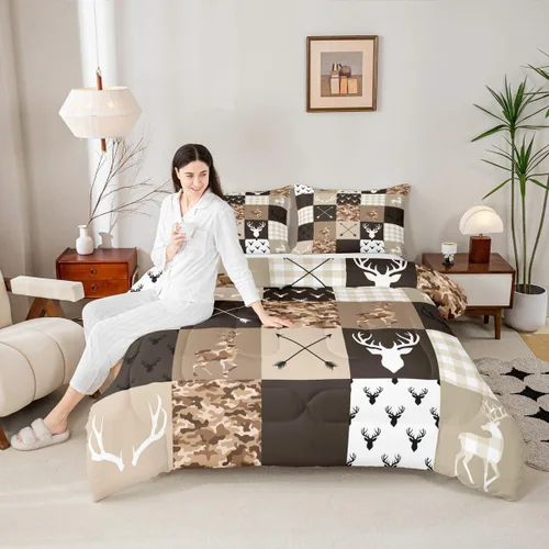 Miniatura 90 de Juego de edredón de cuernos de ciervo tamaño individual, juego de ropa de cama rústica de granja con huellas de oso y pinos para decoración
