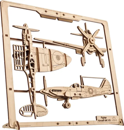 UGEARS Aviones de combate enmarcados 2.5D – Kit de modelo clásico de madera de avión con Aileron móvil, hélice, rueda y toldo – Kits de modelos de