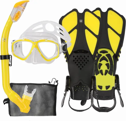 Miniatura 15 de Juego de esnórquel para niños con máscara, aletas, paquetes de esnórquel, con máscara de buceo, esnórquel, aletas ajustables para nadar, bolsa