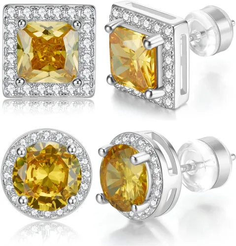 Aretes de tuerca para mujeres y hombres, 2 pares de plata de ley chapados en oro, redondos, corte princesa, varios colores, circonita cúbica, piedra