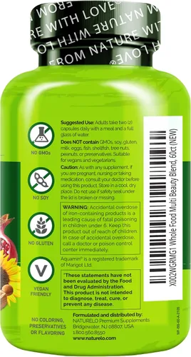 Miniatura 7 de NATURELO Multivitamínico de Alimentos Integrales con Soporte Adicional para Cabello, Piel y Uñas - Mezcla de Belleza con Ácido Hialurónico y Semilla