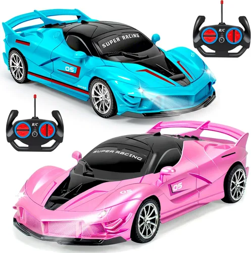 Paquete de 2 Vehículos de Juguete de Control Remoto Rosa Azul para Niños y Niñas, Vehículo de Juguete Rc con Faro y Controlador, Coche de Carreras