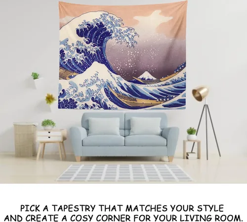 Miniatura 7 de IcosaMro Tapiz de gran ola para dormitorio, arte para colgar en la pared, decoración de pared grande con bordes dobladillos, manta de pared
