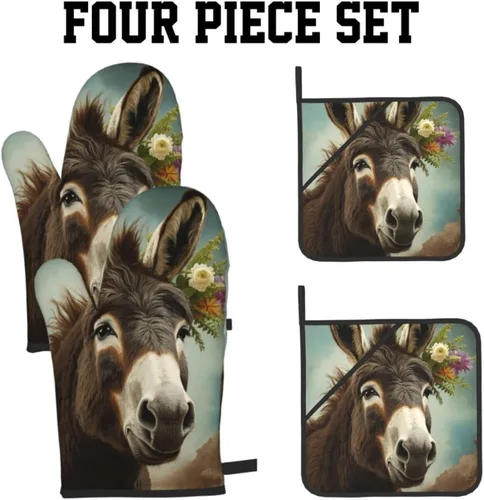 Miniatura 3 de Juego de 4 guantes de horno y soportes para ollas con estampado de animales burros, resistentes al calor, antideslizantes, guantes de horno