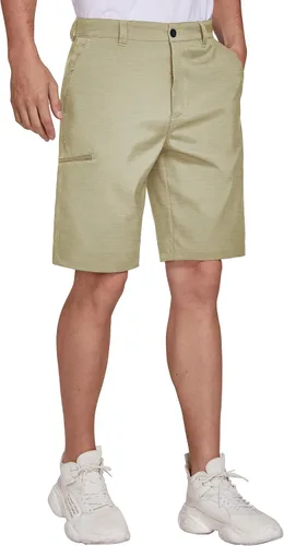Miniatura 2 de PULI Pantalones cortos de golf híbridos para hombre, estilo casual, chino, elástico, frente plano, ligero, de secado rápido con bolsillos