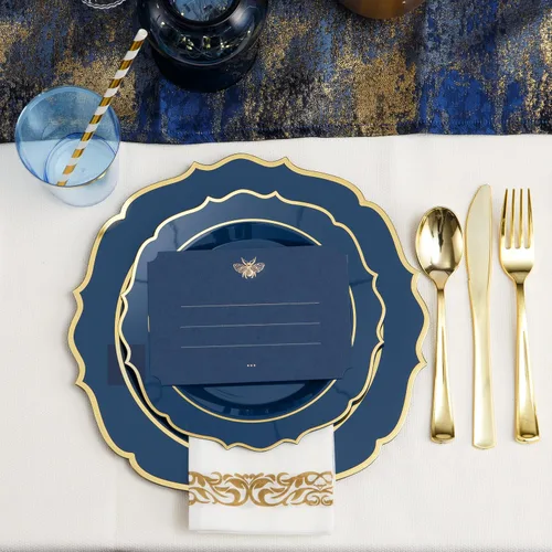 Miniatura 7 de 200 piezas de platos de plástico azul premium para 25 invitados, plato desechable azul y dorado de alta calidad, incluye 25 platos de cena/postre