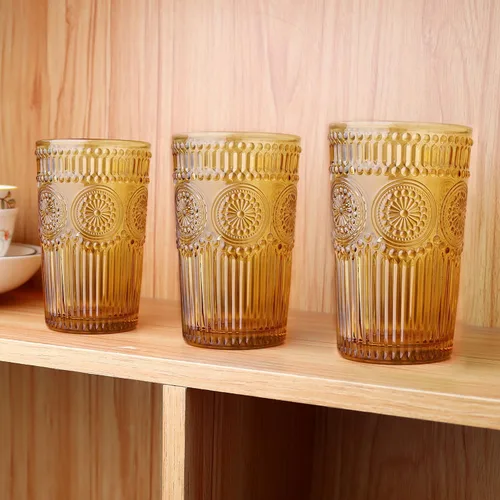 Miniatura 4 de Loivttvv Juego de 6 vasos de bebida vintage, vasos de Highball de 12 oz / 354.83 ml en ámbar, vasos de cristal acanalados con relieve para cóctel