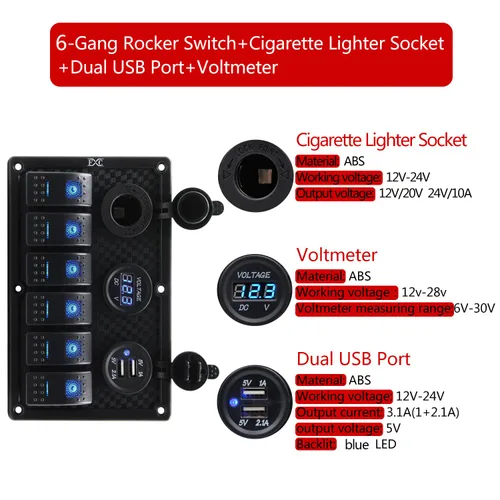 Miniatura 2 de Panel FXC impermeable, con ranura de doble puerto USB, fusibles de 4.2 A, visualización digital de voltaje, toma de encendedor y 4, 6 u 8 tipos