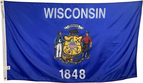 Bandera del estado de Wisconsin de 2 x 3 pies, nailon para todo tipo de clima y costuras reforzadas en el extremo de la mosca, fabricada en Estados