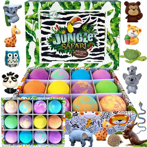 Bombas de baño para niños con sorpresa en el interior, 12 burbujas de baño con juguetes de animales de la selva. Hidratante, suave y seguro para