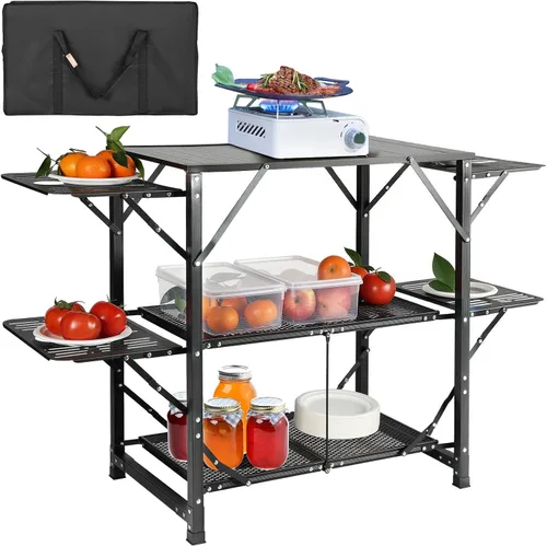 Mesa de cocina de camping VEVOR, estación de cocina plegable de aluminio portátil para exteriores con 4 lados de hierro, 2 estantes y bolsa de