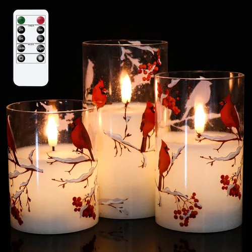 Miniatura 12 de Velas de Navidad sin llama con calcomanías de reno plateado, paquete de 3 velas LED de vidrio a pilas con temporizador remoto, velas de pilar