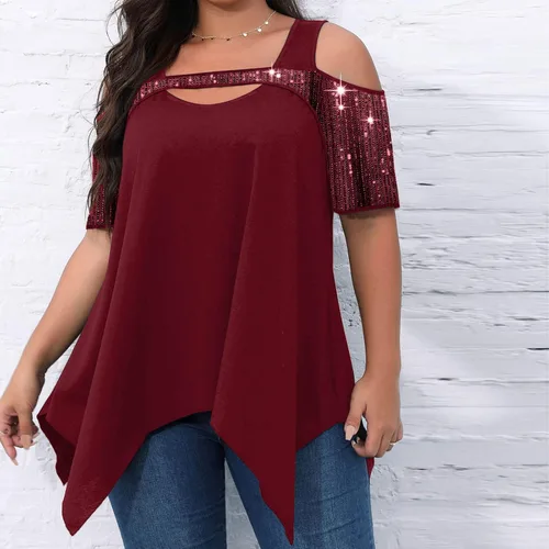 Miniatura 2 de Blusa de manga corta con hombros descubiertos y talla grande, con lentejuelas brillantes y empalme de moda, con dobladillo de pañuelo