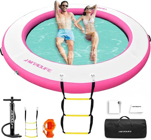 Miniatura 9 de Hamaca de agua inflable Muelle flotante, anillo flotante redondo hamaca flotante inflable para lago, barco, piscina, océano, rosa/verde menta