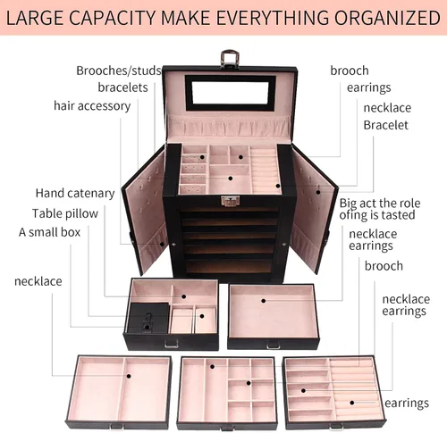 Miniatura 8 de FEIYAN Joyero organizador grande con estuche de viaje pequeño, caja negra de espejo de 6 capas con cajones para mujer